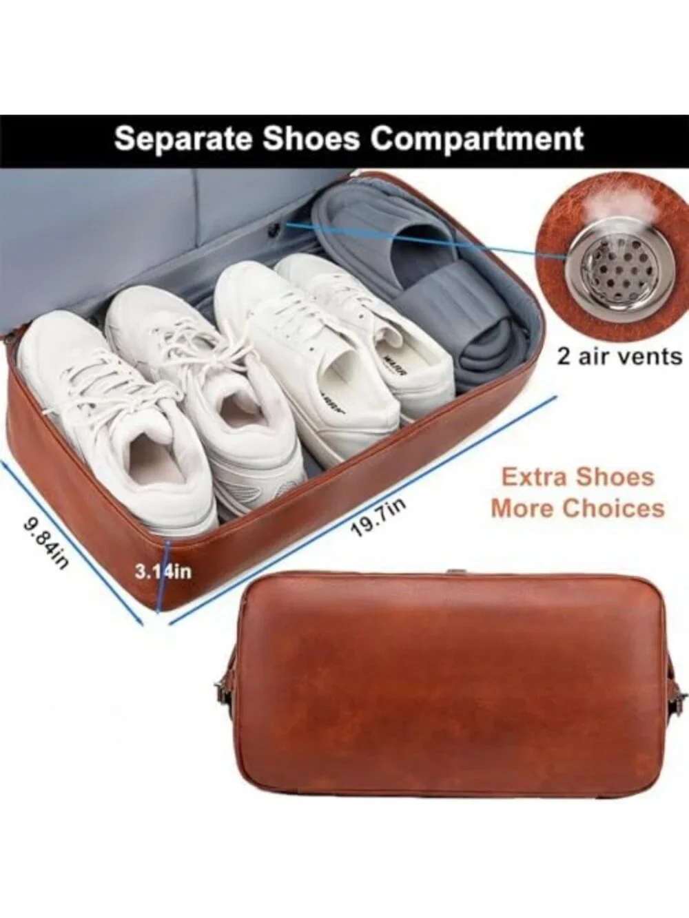 Large Faux Leather Weekender Duffel Bag with Shoes Compartment & Waterproof
